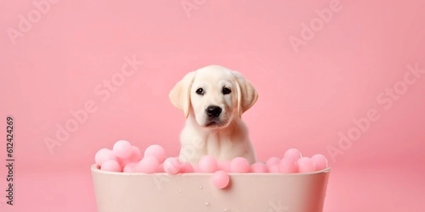 Fototapeta Labrador puppy, taking a bath in the bathtub, background pink, Generative AI