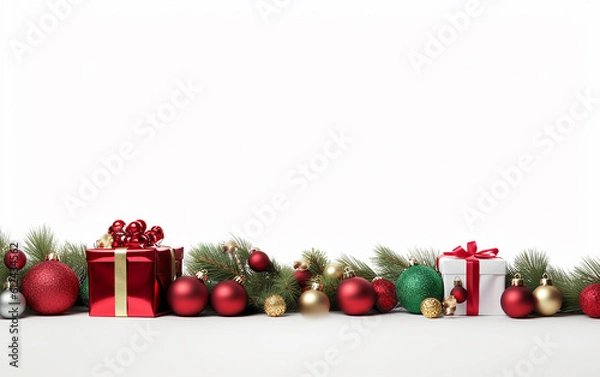 Fototapeta Merry Christmas banner, Design with wide copy space for text. Gift boxes, fir tree branches, and red and green ornaments were placed for a Christmas look.  Generative AI