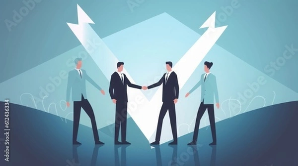 Fototapeta Joint venture. Collaboration. Project. Business people shaking hand in front of a rising arrow. Business illustration, Generative AI