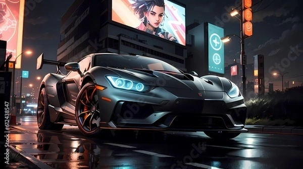 Fototapeta Neon Velocity: Futuristic Sports Car with Dazzling Light Trails