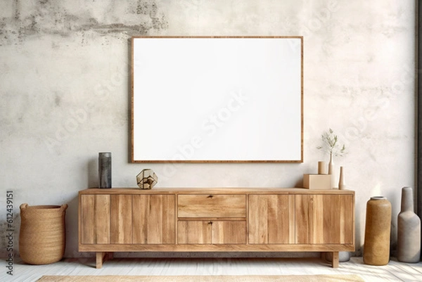 Fototapeta Rustic wooden sideboard near stucco wall with blank mockup poster frame with copy space. Boho interior design of modern living room. Created with generative AI