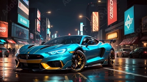 Fototapeta Neon Velocity: Futuristic Sports Car with Dazzling Light Trails