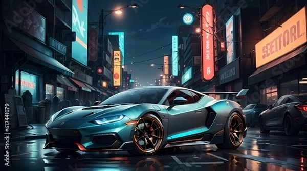 Fototapeta Neon Velocity: Futuristic Sports Car with Dazzling Light Trails
