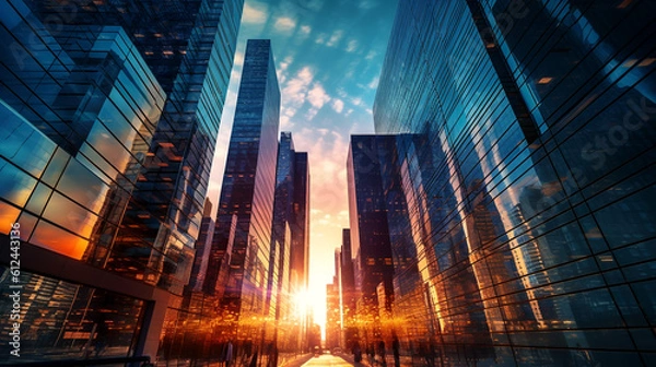 Fototapeta Embrace the grandeur of New York City with our resolution sunset view capturing the architectural marvels of office buildings.
