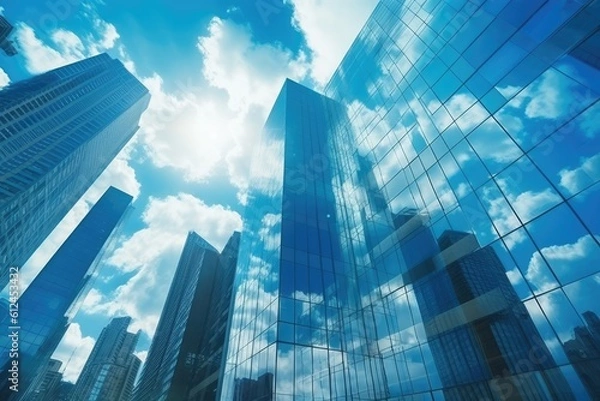Obraz View of modern business skyscrapers glass and sky view landscape of commercial building. Generated AI