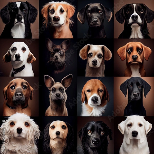 Fototapeta Collage of images of dogs. Lots of dogs of different breeds.