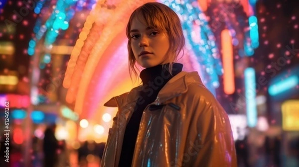 Fototapeta Fierce Tokyo Fashionista Strutting on Runway Under Shamrock Green Lights. Generative AI.