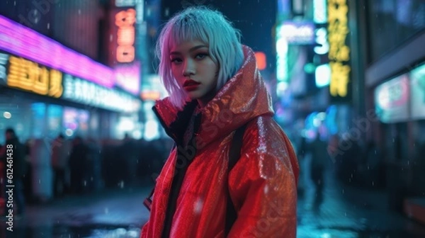 Fototapeta Fierce Tokyo Fashionista Strutting on Runway Under Shamrock Green Lights. Generative AI.