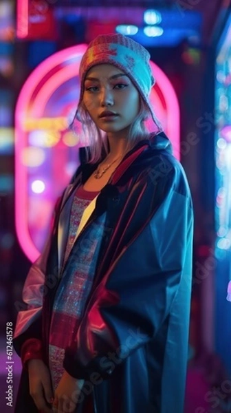 Fototapeta Fierce Tokyo Fashionista Strutting on Runway Under Shamrock Green Lights. Generative AI.