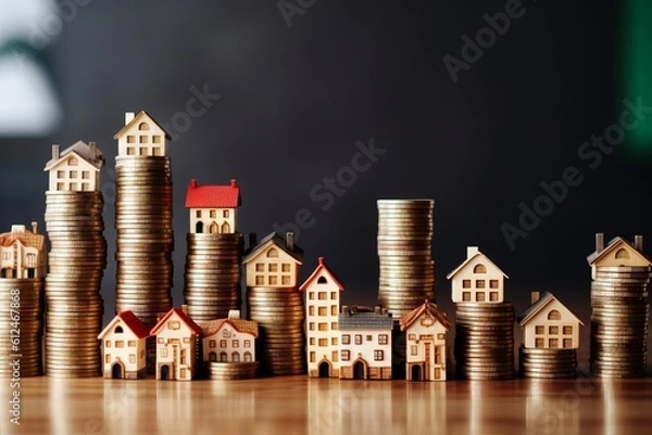 Fototapeta many houses with a lot of coin stack, idea for property investment, income , tax, and passive income, Generative Ai