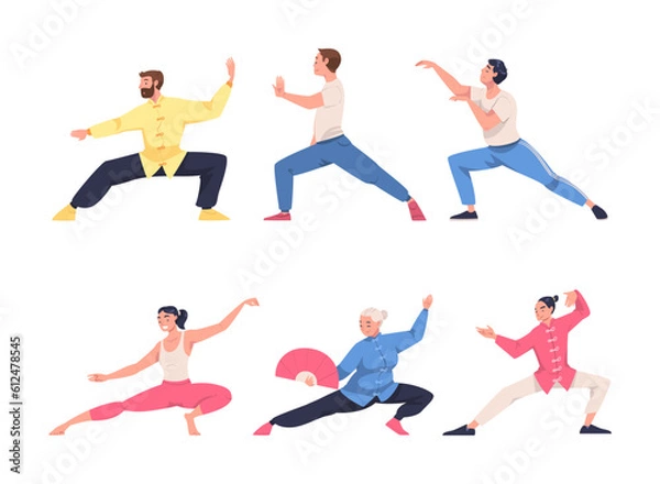 Fototapeta People Character Practicing Tai Chi and Qigong Exercise as Internal Chinese Martial Art Vector Illustration Set