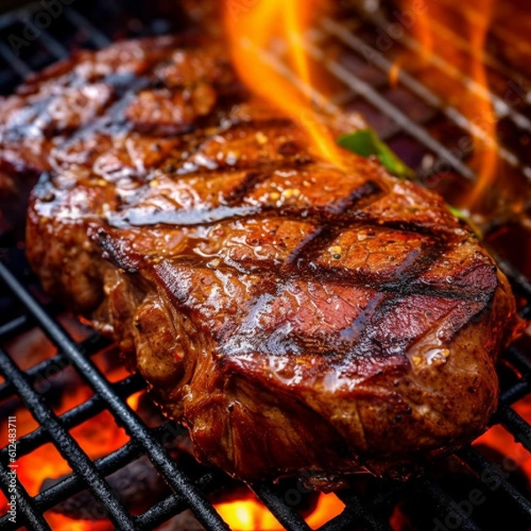 Obraz ribeye steak on a grill with fire