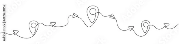 Fototapeta Label on map icon line continuous drawing vector. One line Location icon vector background. Arrow location icon. Continuous outline of a Path along location markers.