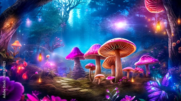 Fototapeta fairytale magical night glowing forest with mushrooms, made with Generative AI