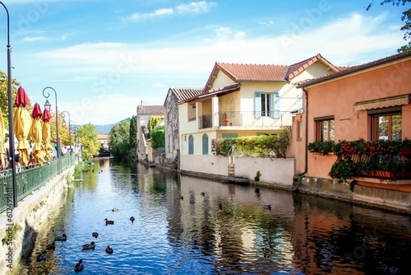 Fototapeta Flock of ducks in a canal with typical buildings in Venice