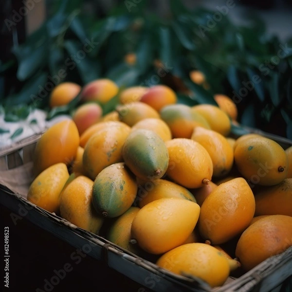Fototapeta Fresh delicious sweet mangoes on a wooden background.  ,Generative AI