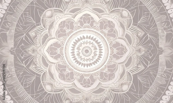 Obraz  a circular design with a flower in the middle of the center of the image, in shades of gray and white, on a gray background.  generative ai