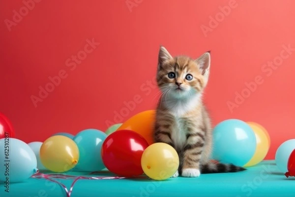 Fototapeta kitten with colorful balloons on a party background. banner. copy space for text.children party.surprise. Happy birthday. AI generated