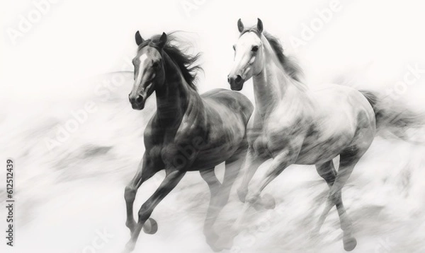 Fototapeta  a couple of horses running across a snow covered field in the wild, in black and white, with a blurry background behind them.  generative ai