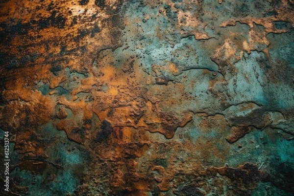 Fototapeta Old grunge copper bronze rusty texture background. Distressed cracked patina siding. Generative AI