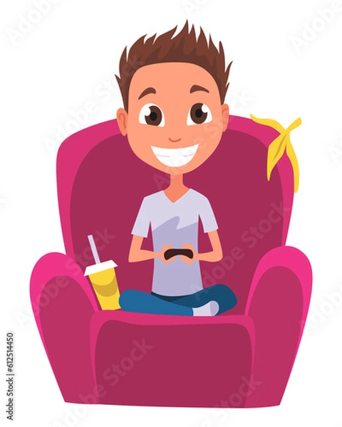 Obraz Video gaming kids. Boy playing games on joystick on game console. Kid video game addiction. Joyful teenager.  illustration of flat design