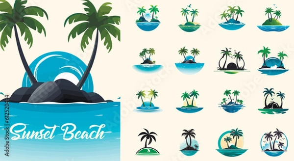Fototapeta Summer beach island with palm trees in the ocean. Vector emblem of travel, holiday, resort. Vector Logo collection.