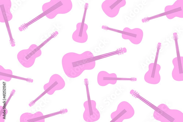 Fototapeta Modern pattern with guitars. Randomly scattered pink guitars on a white background	