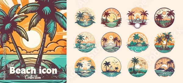 Fototapeta Summer beach island with palm trees in the ocean. Vector emblem of travel, holiday, resort. Vector Logo collection.