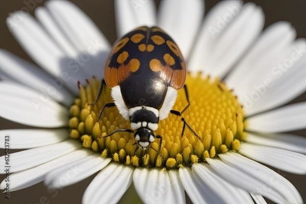 Fototapeta macro view of an insect perched on a colorful flower petal. Generative AI