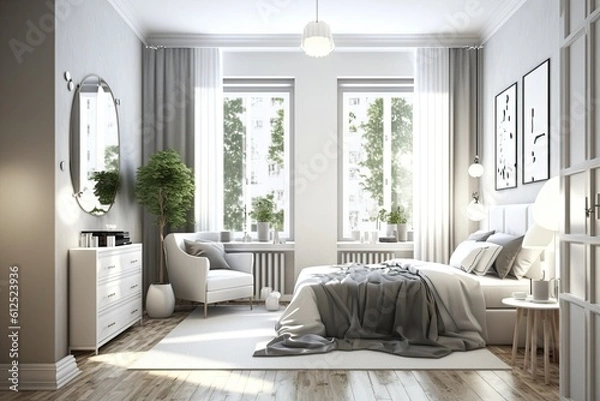 Fototapeta cozy and stylish bedroom with essential furniture pieces. Generative AI