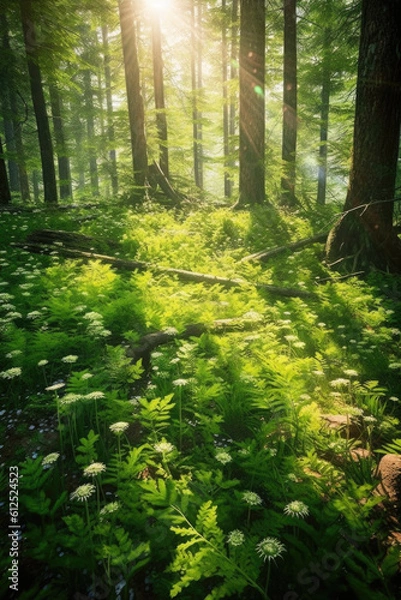 Obraz Nature's enchantment unfolds in a forest bathed in golden rays, as sunlight filters through the verdant canopy, casting a mesmerizing glow. Generative AI  