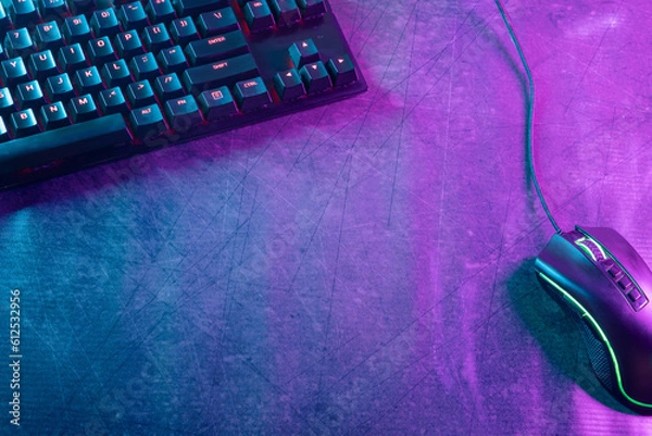 Fototapeta Top view with ample copy space of a gaming-themed desktop adorned with professional gaming accessories, illuminated by vibrant cyberpunk neon lights.