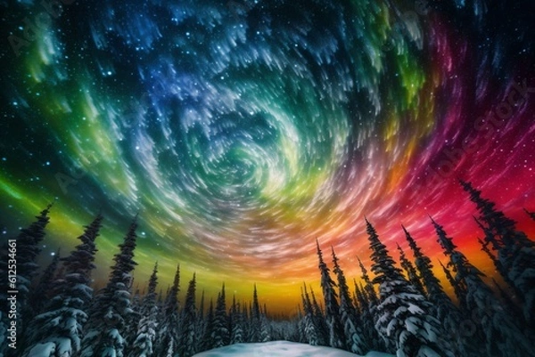 Fototapeta colorful swirl of stars in the sky above a snowy forest created with Generative AI technology