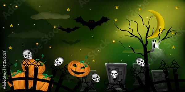 Fototapeta A cartoon scene in a cemetery with a fence for Halloween. Skulls on the fence, pumpkins and tombstones. Dark green mystical background with ghost, moon, stars and bats