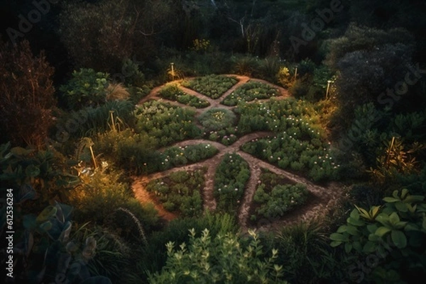 Fototapeta circular beds and paths in between form a pattern created with Generative AI technology