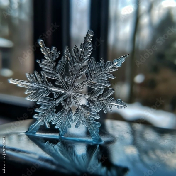 Fototapeta beautiful ice flower, close up of a snowflake created with Generative AI technology