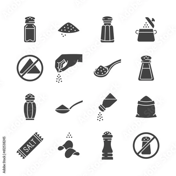 Fototapeta Salt glyph icon set. Vector collection with salt heap, shaker, salting hand, chips, food without sodium.
