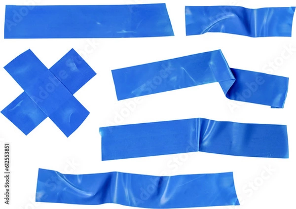 Fototapeta Blue insulating tape design elements. Blue tape texture isolated on transparent background. Adhesive tape parts. png template