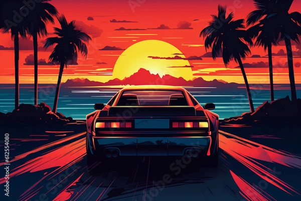 Fototapeta Rear view of retro wave 80s image of sports car in front of a  sunset