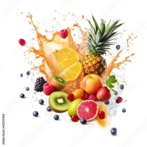 Fototapeta Colorful tropical fruit with juice splashing, on white background. Generative AI