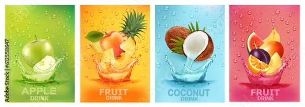 Fototapeta Fresh fruits drink splashing together- pear, apple, plum, apricot, cococnut, mango, pinrapple, banana, orangre juice drink splashing. 3d fresh fruit. Vector illustration