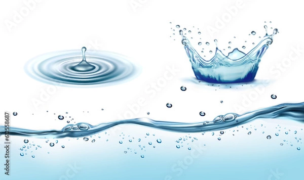 Fototapeta Set of transparent water splashes, drops isolated on transparent background. Water crown splashes with drops. Transparent water waves with air bubbles. Vector illustration