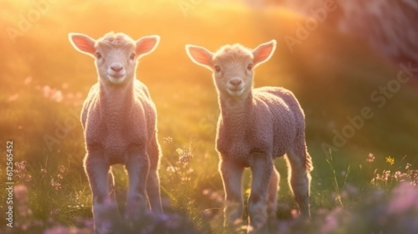 Fototapeta Graceful Pursuit: Lambs in the Grass Chasing Ants, Portrayed with Lens Flare and Soft-Focus Neue Sachlichkeit Style, in Light Pink and Amber Tones