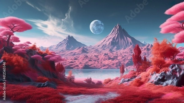 Fototapeta Futuristic Organic Serenity: Exploring an Orange 3D Scenery with Mountains and Trees, Infused with Traditional Japanese Elements