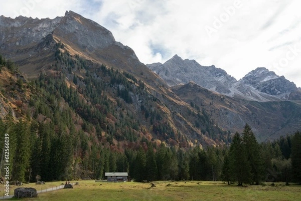 Fototapeta Aerial view of lush green valley surrounded by steep rocky mountains in Oberstdorf, Germany