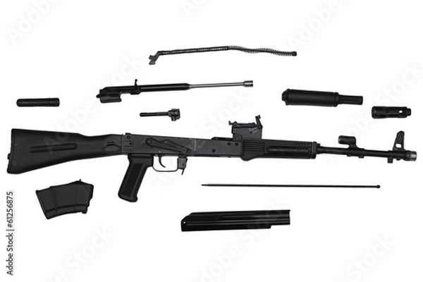 Fototapeta Assault rifle disassembled into parts isolated on white