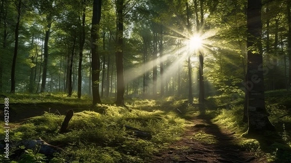 Obraz A beautiful background with florest in sunrise. Generative AI.