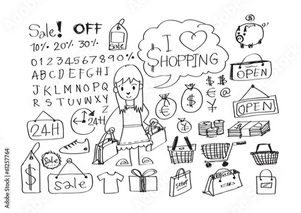 Fototapeta Hand draw sketch Shopping icons set