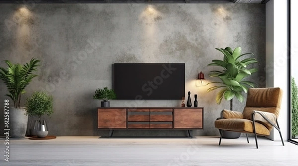 Fototapeta Cabinet TV in modern living room with armchair and plant on concrete wall background, Generative AI