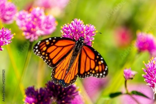 Fototapeta Closeup shot of an orange monarch butterfly on a purple clover flower